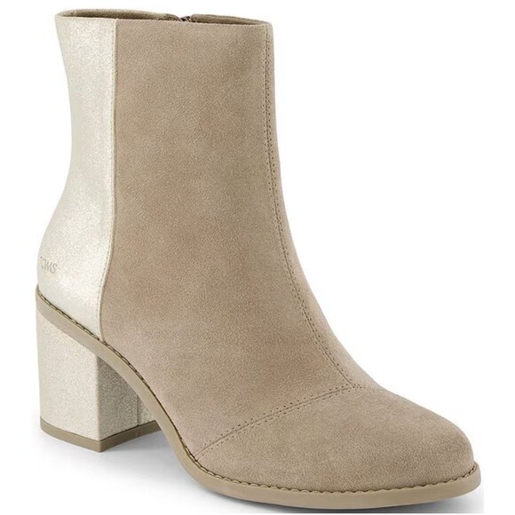 Tom’s Evelyn Suede Heeled Booties Dune Suede Metallic Suede Sz 7 New - Picture 1 of 8